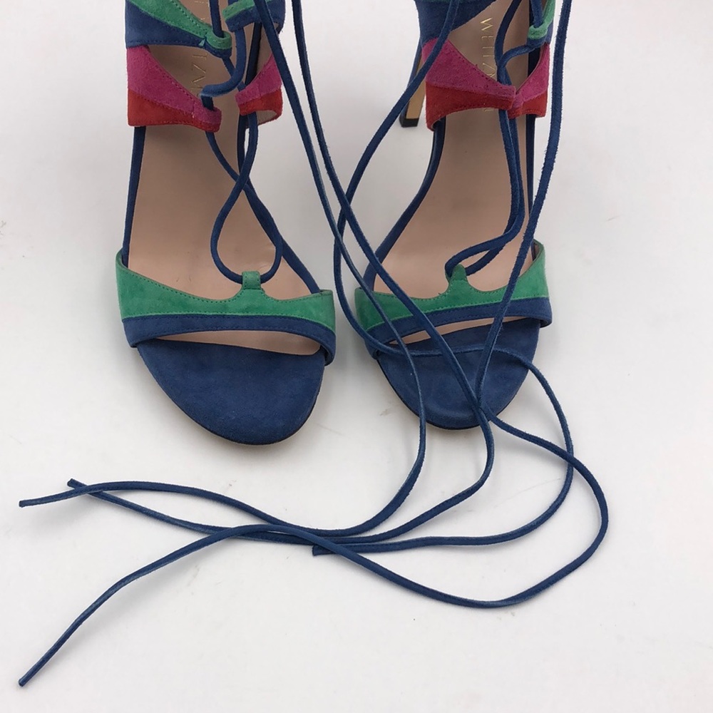 NWOB Stuart Weitzman Legwrap Song Suede Colorblock Lace Up Strappy Heels - Picture 11 of 13